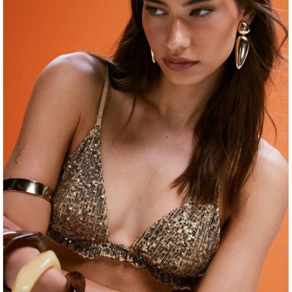 NWT FREE PEOPLE GOLD RUSH BRALETTE Gold Triangle Sequin Bra Sz Small